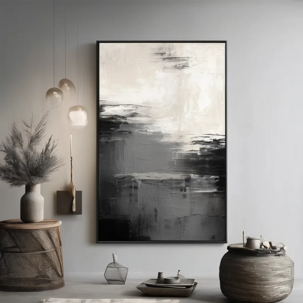 Bild 1 von Abstrakte Kunst beige schwarz -  Z32  / (Größe) 60x80 cm 2 cm Leinwand gespiegelt