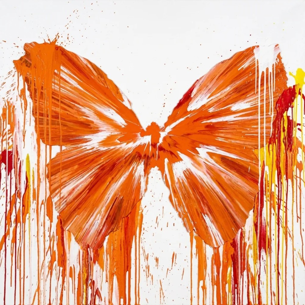 Bild 1 von Orange - Splash Schmetterling  / (Größe) 75 cm x 75 cm Acrylglas